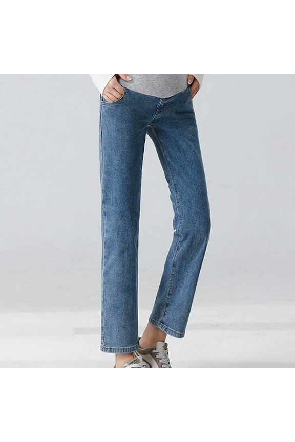 Women's Maternity Jeans Over Belly Comfy Stretch Boyfriend Jeans Denim Pregnancy Pants Blue L