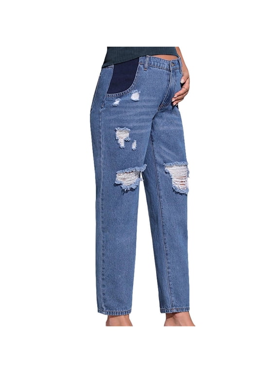 Women's Maternity Jeans Over Belly Comfy Stretch Boyfriend Jeans Denim Pregnancy Pants Blue XL