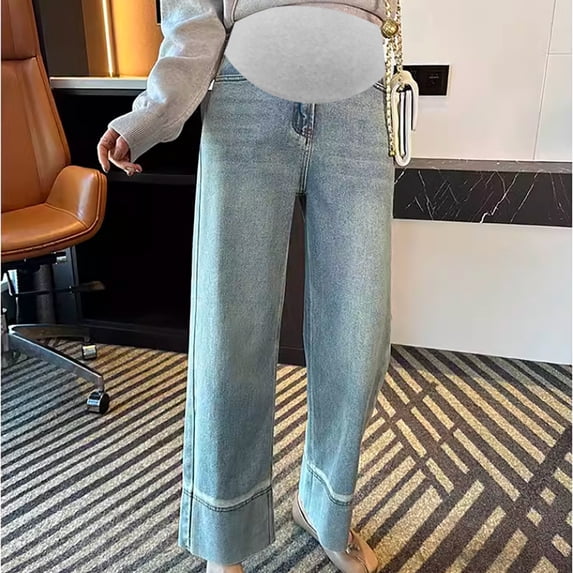 Women's Maternity Jeans Over The Belly Straight Leg Pregnancy Denim Pants Comfy Stretch Boyfriend Loose Trousers
