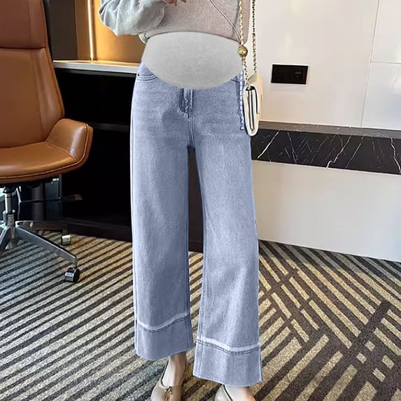 Women's Maternity Jeans Over The Belly Straight Leg Pregnancy Denim Pants Comfy Stretch Boyfriend Loose Trousers