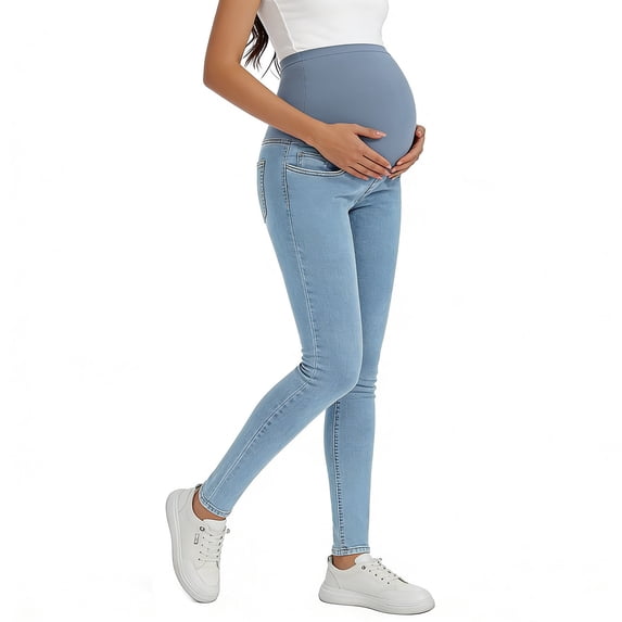 Women's Maternity Jeans Over The Belly Stretchy Pull On High Waist Skinny Pregnancy Denim Pants with Pockets Light Blue S