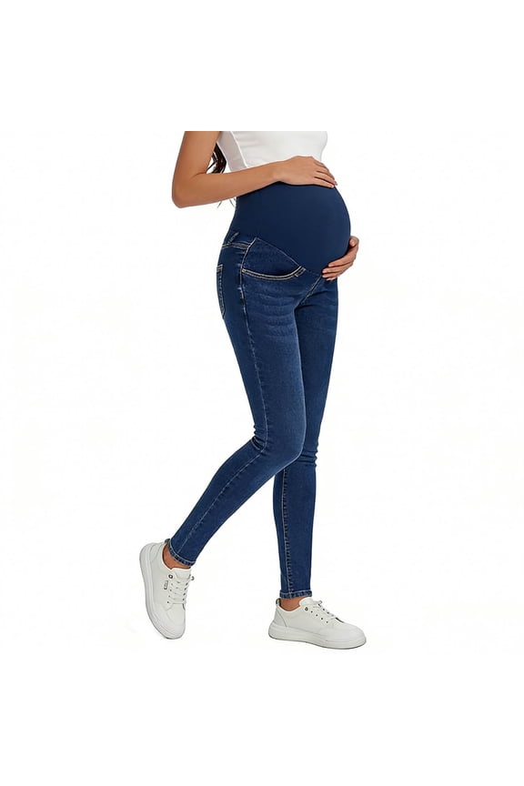 Women's Maternity Jeans Straight Leg Over Belly Comfy Stretch Denim Pants,Blue,S