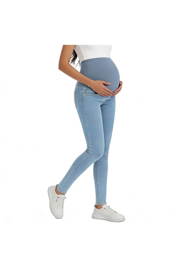 Women's Maternity Jeans Straight Leg Over Belly Comfy Stretch Denim Pants,Light Blue,S