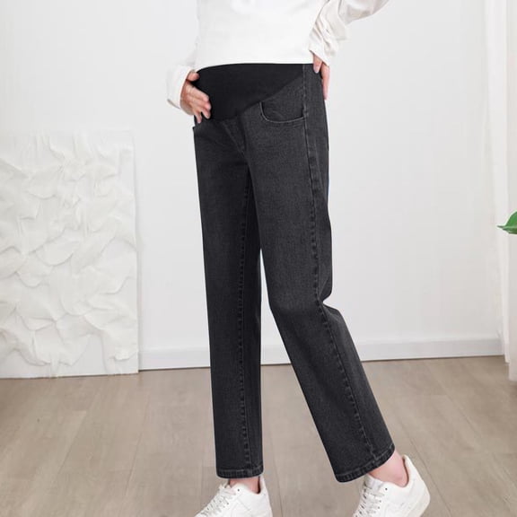 Women's Maternity Jeans Straight Leg Relaxed Fit Over Belly Pregnancy Denim Work Pants Maternity Clothes with Pockets Black M