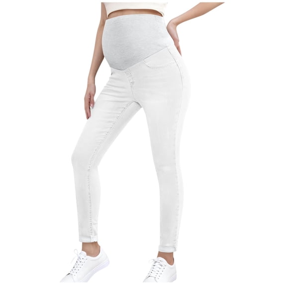 Women's Maternity Jeans Stretch Boyfriend Jeans Over Belly Loose Pregnancy Denim Pants White S