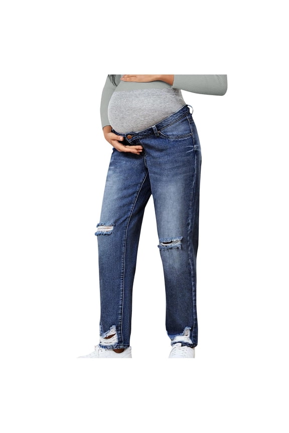 Women's Maternity Jeans Wide Leg Stretch Loose Fit Denim Pants Over Belly Pregnancy Jeans Dark Blue L