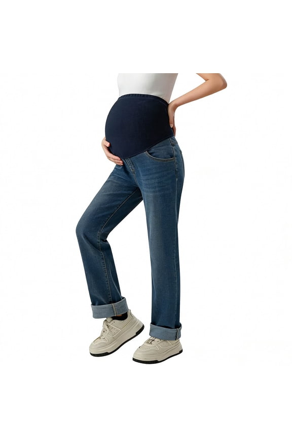 Women's Maternity Jeans Wide Leg Trendy Comfy Stretchy Straight Leg Pregnancy Denim Pants Blue XL