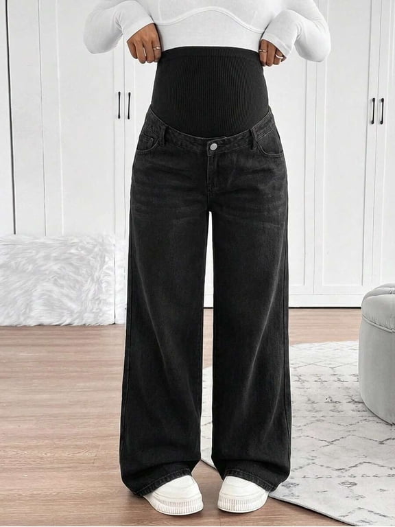 Women's Maternity Jeans with Knitted Waist Support Straight Leg Pants for Daily Wear