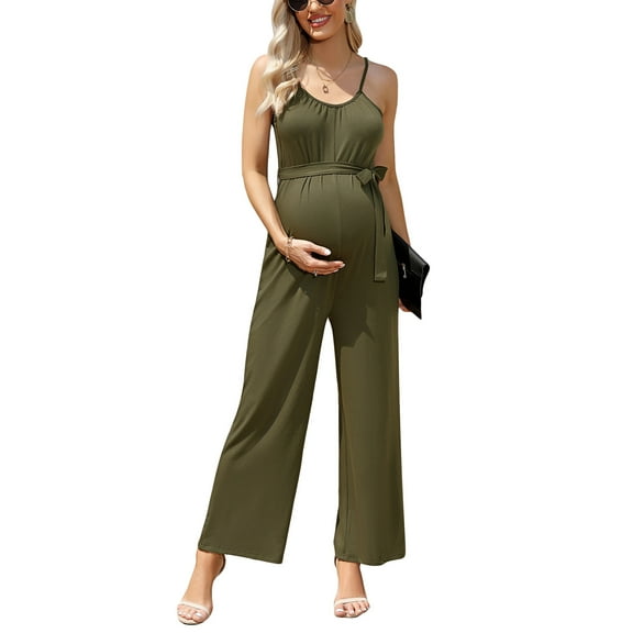 Women's Maternity Jumpsuit Wide Leg Sleeveless Adjustable Strap Pockets Casual Romper with Belt