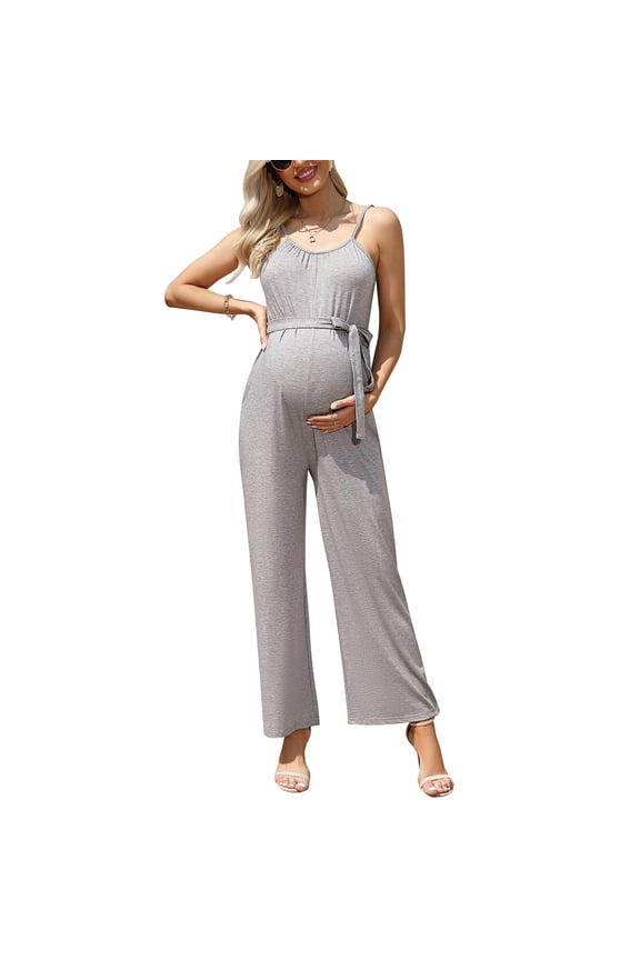 Women's Maternity Jumpsuit Wide Leg Sleeveless Adjustable Strap Pockets Casual Romper with Belt