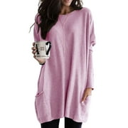 UKAP Women's Maternity Long Sleeve Round Neck Pocket Tee Shirt Casual Loose Long Tops Dress