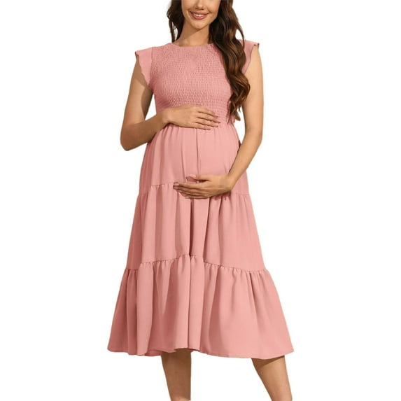 Women's Maternity Maxi Dress - Bohemian Floral Print, Short Sleeve Crew Neck Tiered Dress, Casual Flow Pregnancy Gown for Summer,Size for L