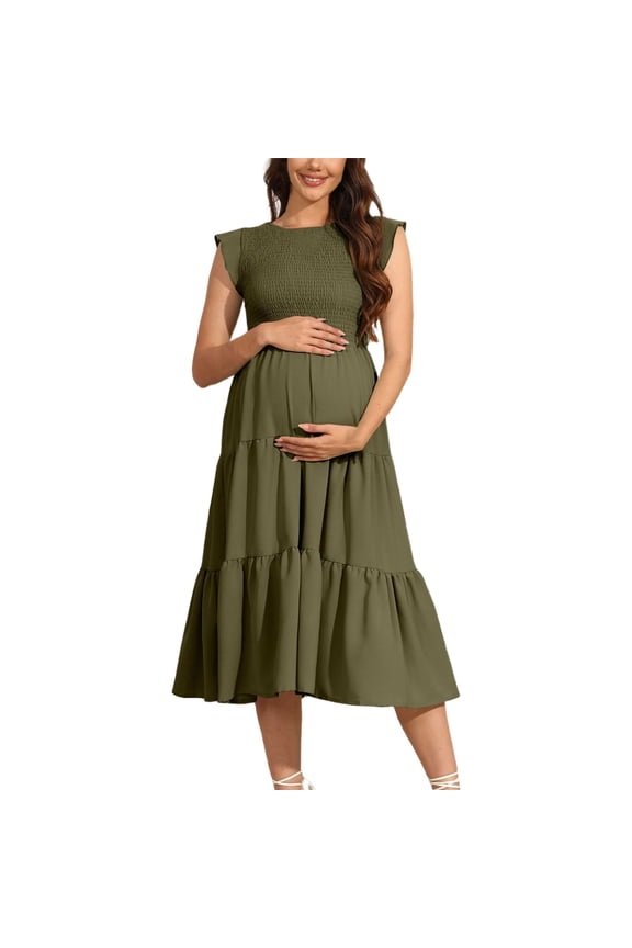 Women's Maternity Maxi Dress - Bohemian Floral Print, Short Sleeve Crew Neck Tiered Dress, Casual Flow Pregnancy Gown for Summer,Size for L