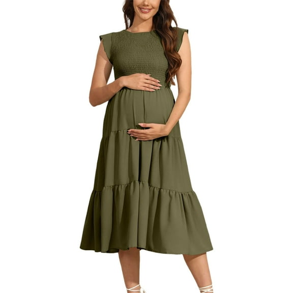 Women's Maternity Maxi Dress - Bohemian Floral Print, Short Sleeve Crew Neck Tiered Dress, Casual Flow Pregnancy Gown for Summer,Size for S