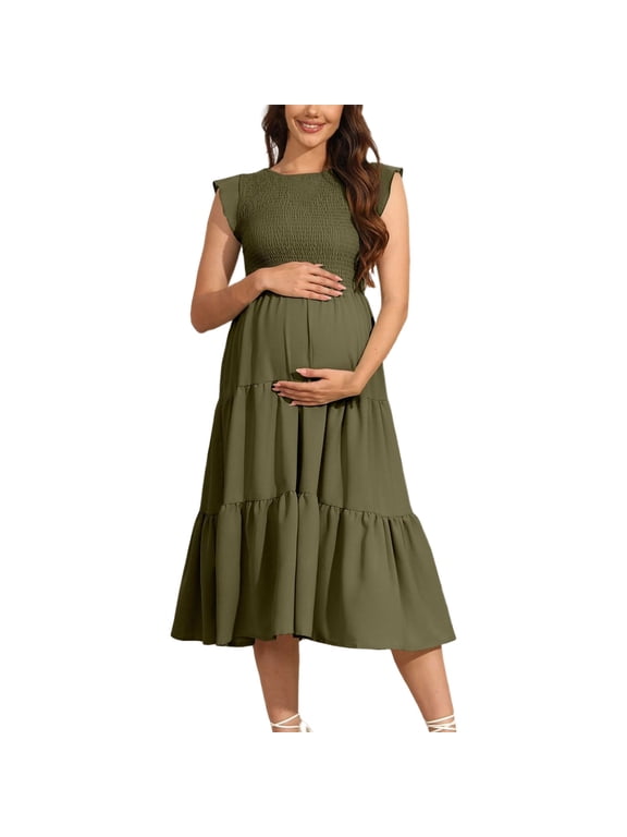 Women's Maternity Maxi Dress - Bohemian Floral Print, Short Sleeve Crew Neck Tiered Dress, Casual Flow Pregnancy Gown for Summer,Size for S
