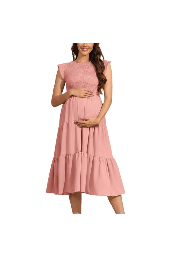 Women's Maternity Maxi Dress - Bohemian Floral Print, Short Sleeve Crew Neck Tiered Dress, Casual Flow Pregnancy Gown for Summer,Size for XL