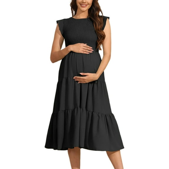 Women's Maternity Maxi Dress - Bohemian Floral Print, Short Sleeve Crew Neck Tiered Dress, Casual Flow Pregnancy Gown for Summer,Size for XL