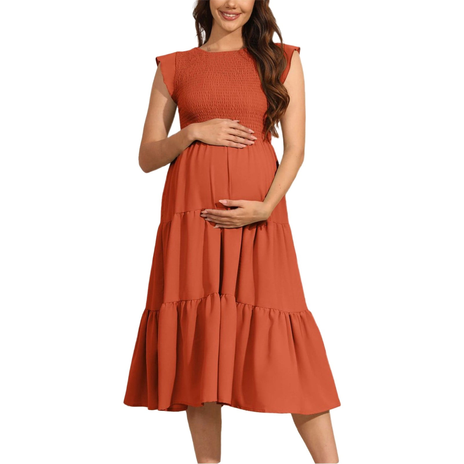 orange maternity floral dress Momyknows Orange 3D Flower Ruched Ruffle Floral Mesh Lace-up Backless Vacation Photoshot Maternity Maxi Dress