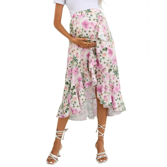 Women's Maternity Midi Skirt Pleated High Waist Boho Casual Ruffle Flowy Wrap Split Long Skirt
