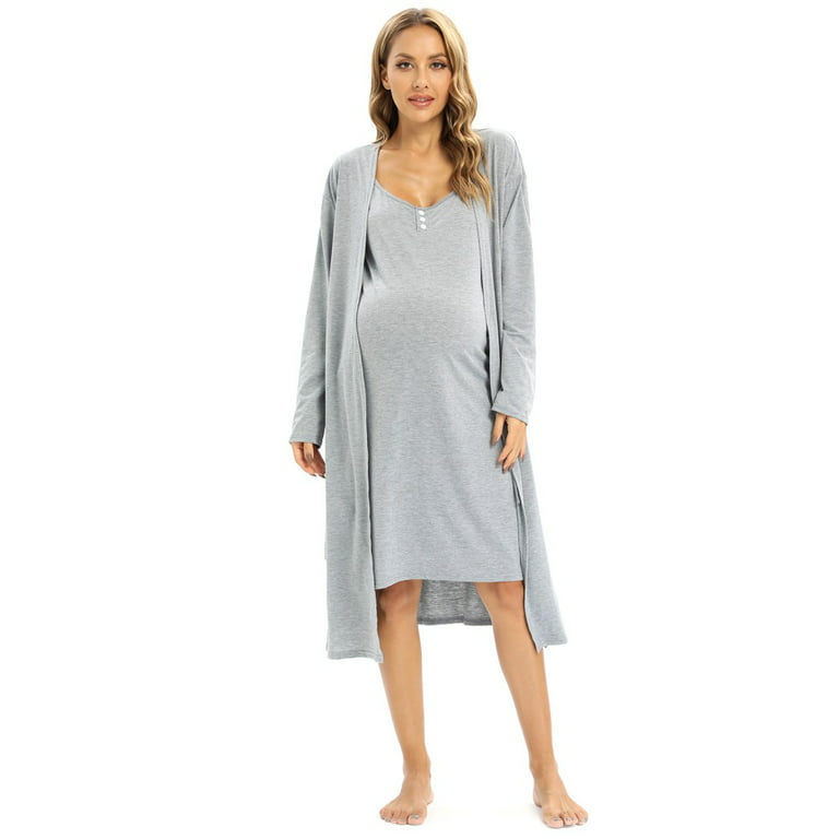 Women's Maternity Nightdress Long Sleeve Nursing Nightgown and Robe Set