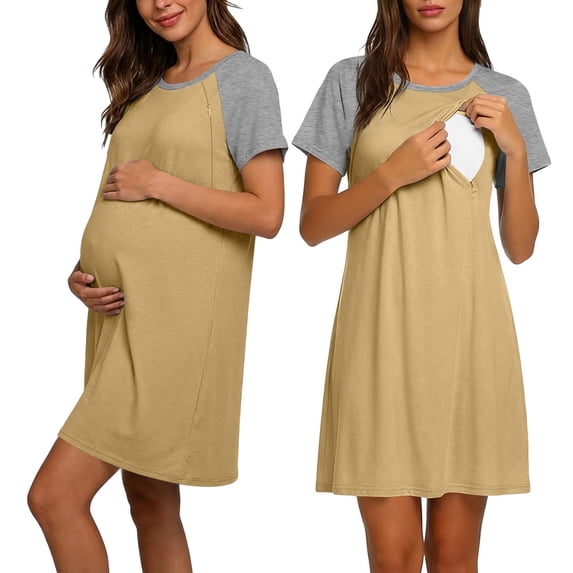 Women's Maternity Nightdress Soft Comfy Nightgown Breastfeeding Nightwear for Pregnancy Ladies Pyjamas Loungewear Khaki XL