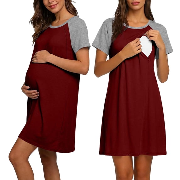 Women's Maternity Nightdress Soft Comfy Nightgown Breastfeeding Nightwear for Pregnancy Ladies Pyjamas Loungewear Wine M