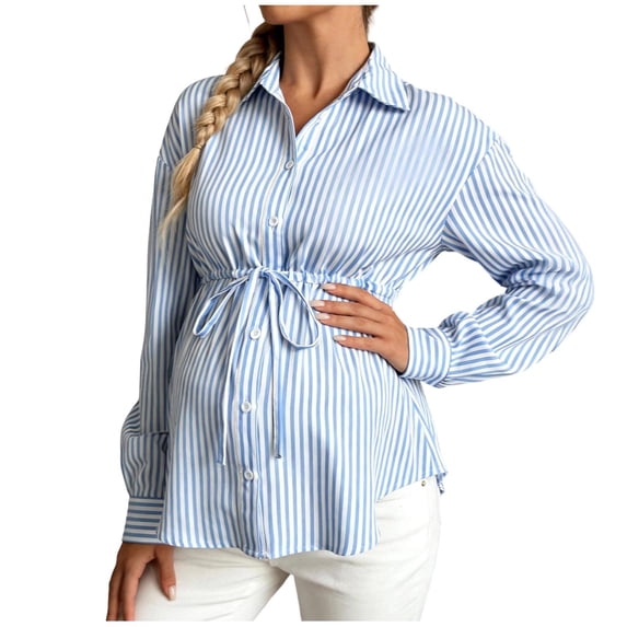 Women's Maternity Nursing Blouse Ruffle Wrap Work Shirt Pregnancy Button Down Belted Tops Blue L