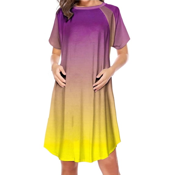 Women's Maternity Nursing Dress Short Sleeve Crewneck Nightgown Pregnancy Gradient Casual Side Zippered Breastfeeding Mini Dresses Yellow S