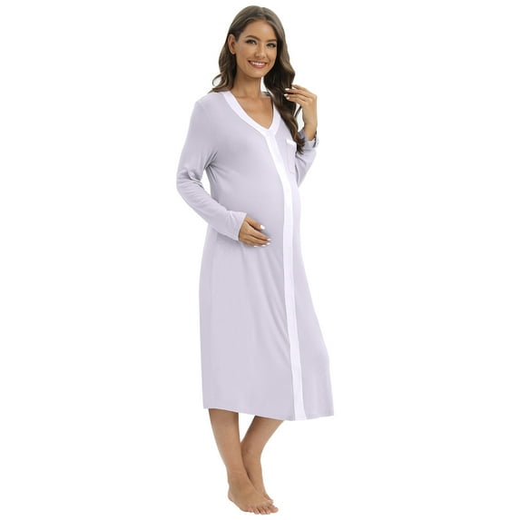 Women's Maternity Nursing Nightgown Button Down V-Neck Breastfeeding Nightshirt Long/Short Sleeve Pregnancy Sleep Dress Ladies Labour Delivery Gown with Pocket