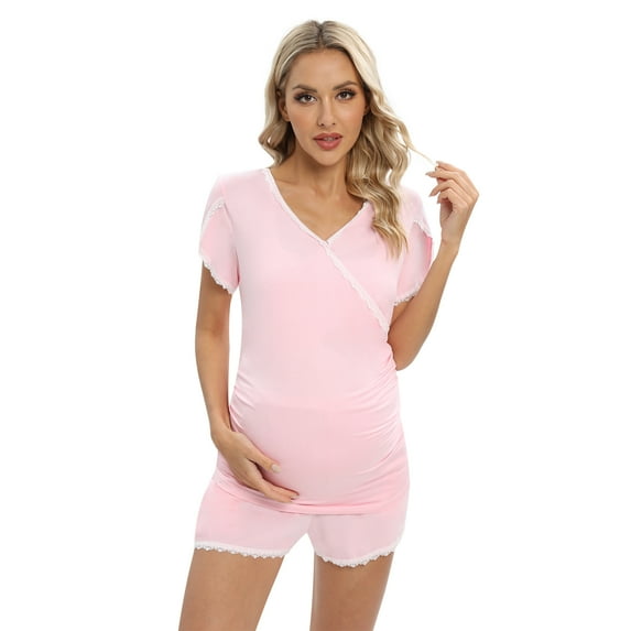 Women's Maternity Nursing Pajamas Set Short Sleeve Top & Adjustable Pregnancy Shorts Breastfeeding Sleepwear Set