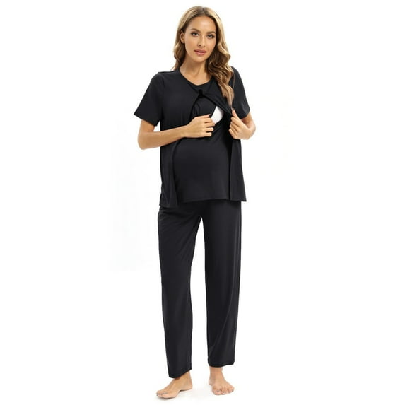 Women's Maternity Nursing Pajamas Sets Breastfeeding Sleepwear Short Sleeve 2 Pcs Top and Pants Set