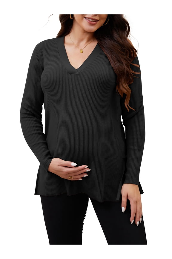 Women's Maternity Nursing Sweater Winter Warm Side Zip for Breastfeeding Stretchy Knit Blouse Top Black Large