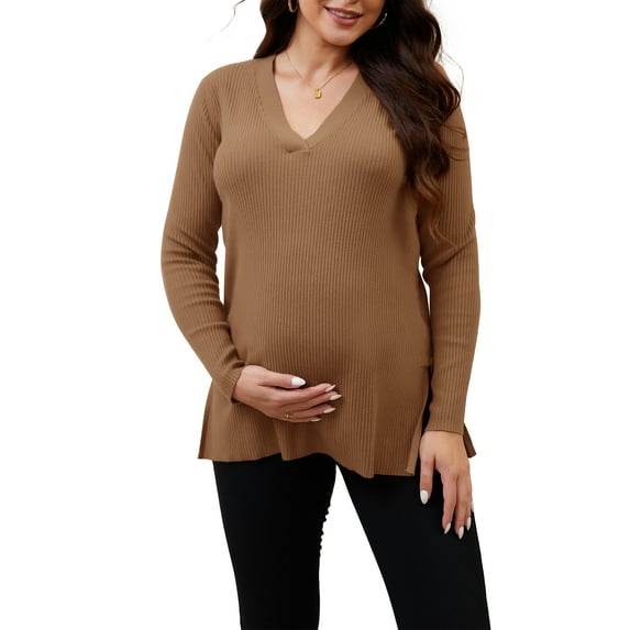 INSPIRE CHIC Women's Maternity Nursing Sweater Winter Warm Side Zip for Breastfeeding Stretchy Knit Blouse Top Khaki Medium