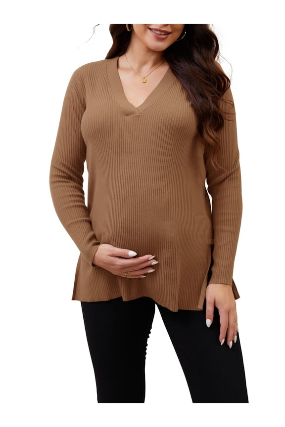 Women's Maternity Nursing Sweater Winter Warm Side Zip for Breastfeeding Stretchy Knit Blouse Top Khaki Medium