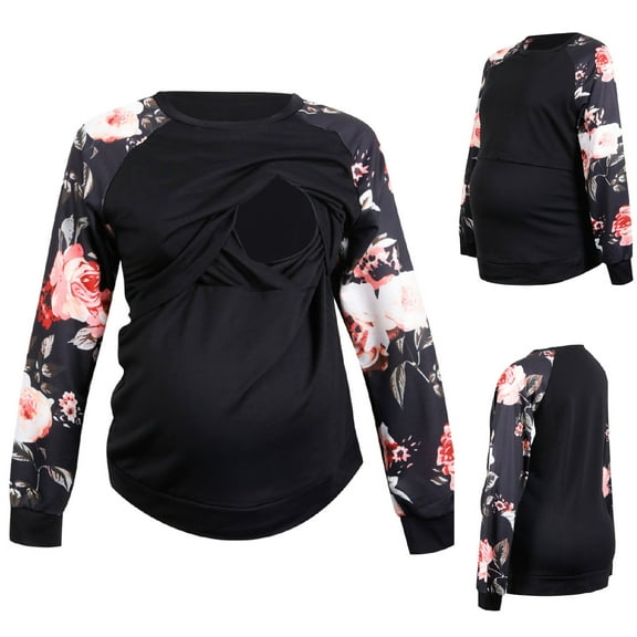 Women's Maternity Nursing Top Patchwork Long Sleeve Breastfeeding Shirt Clothes Black S