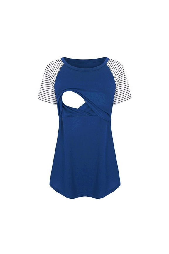 Women's Maternity Nursing Top Patchwork Sleeve Breastfeeding Clothes Blue M