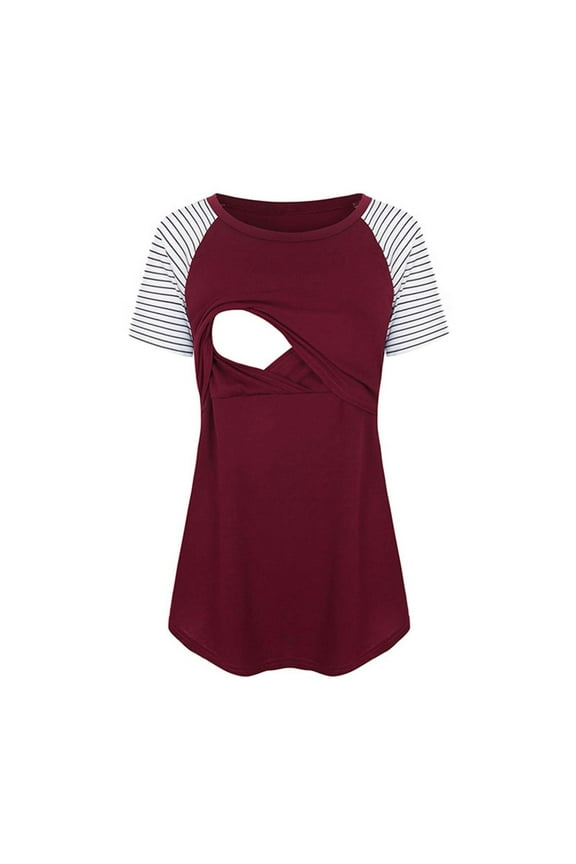 Women's Maternity Nursing Top Patchwork Sleeve Breastfeeding Clothes Red M