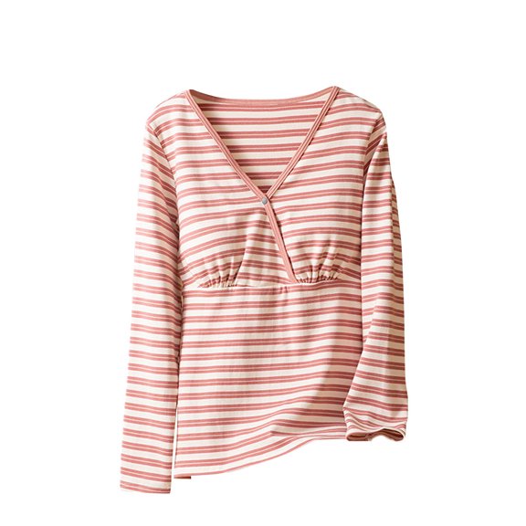 Women's Maternity Nursing Top Soft Cotton Breastfeeding Long Sleeve Button V Neck Shirts with Removable Pads (M, Pink|Striped)