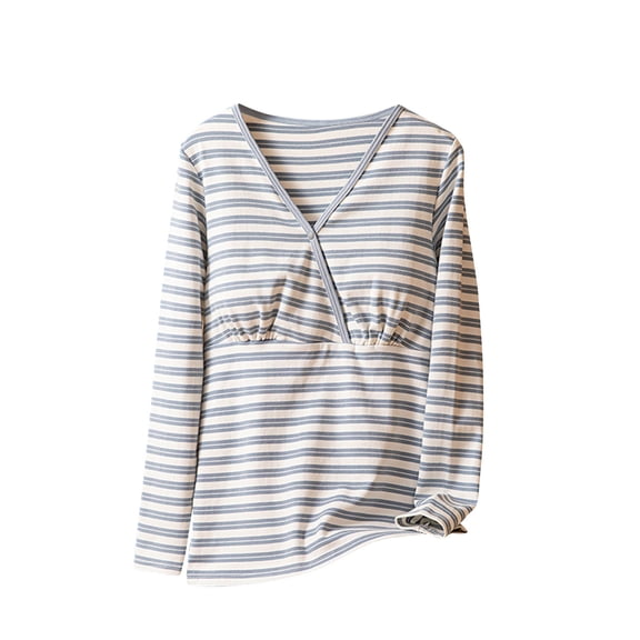 Women's Maternity Nursing Top Soft Cotton Breastfeeding Long Sleeve Button V Neck Shirts with Removable Pads (XL, Blue|Striped)