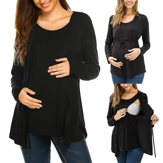 Women's Maternity Nursing Tops Long Sleeve Breastfeeding Top Tee Shirt Double Layer Pregnancy Shirt, Size XL