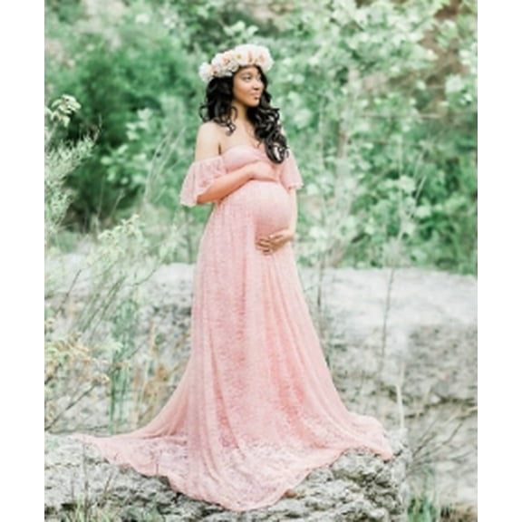 Women's Maternity Off Shoulder Lace Maxi Dress for Photography, Baby Shower, Pregnant Wedding