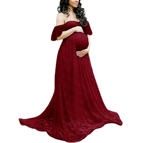 Women's Maternity Off Shoulder Lace Maxi Dress for Photography, Baby Shower, Pregnant Wedding
