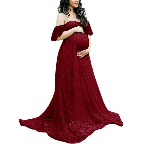 Women's Maternity Off Shoulder Lace Maxi Dress for Photography, Baby Shower, Pregnant Wedding