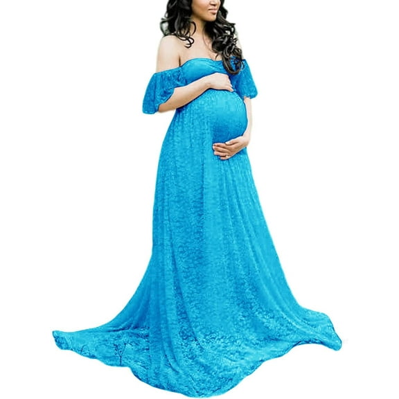 Women's Maternity Off Shoulder Lace Maxi Dress for Photography, Baby Shower, Pregnant Wedding