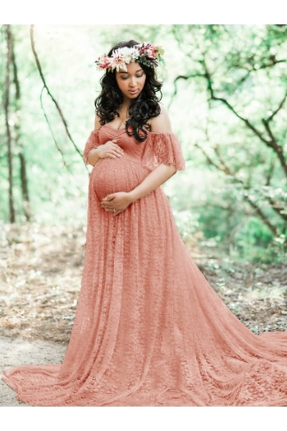 Women's Maternity Off Shoulder Lace Maxi Dress for Photography, Baby Shower, Pregnant Wedding