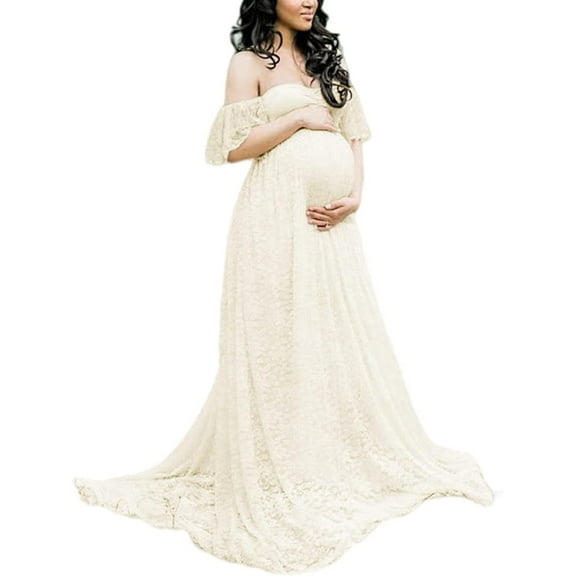 Women's Maternity Off Shoulder Lace Maxi Dress for Photography, Baby Shower, Pregnant Wedding