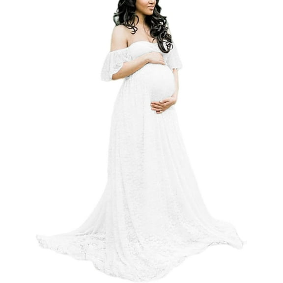 Women's Maternity Off Shoulder Lace Maxi Dress for Photography, Baby Shower, Pregnant Wedding