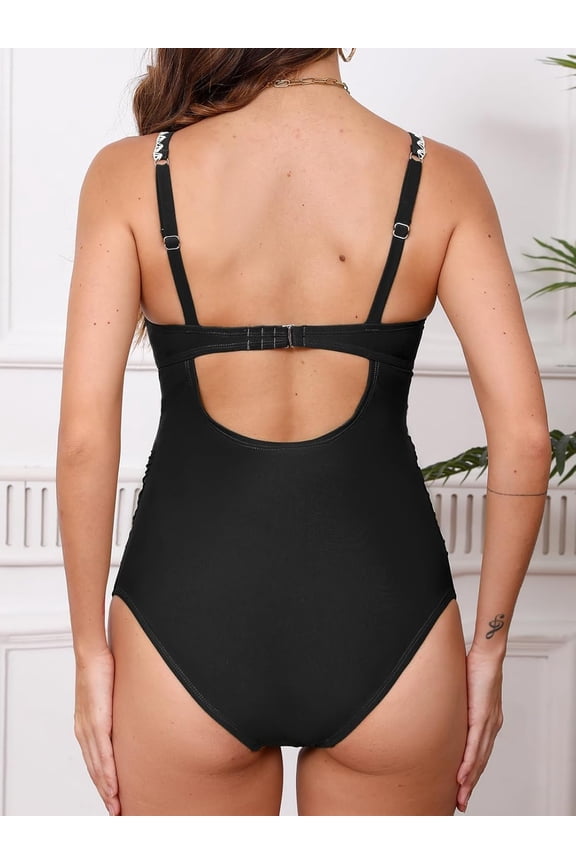 Women's Maternity One Piece Swimsuit Adjustable Strap Ruched Shell Stitched Back Cutout Bathing Suit for Pregnancy