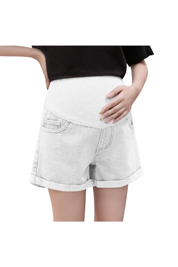 Women's Maternity Over The Belly Denim Shorts High Waist Summer Cuffed Hem Stretchy Jean Shorts with Pockets,M,White