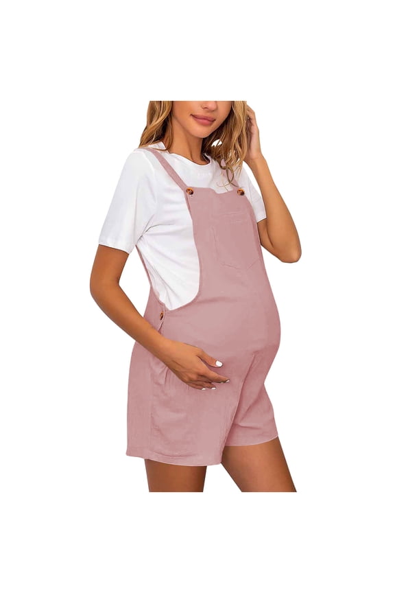 Women's Maternity Overalls Shorts Adjustable Waist Summer Pregnancy Romper Shorts with Pockets,M,Pink